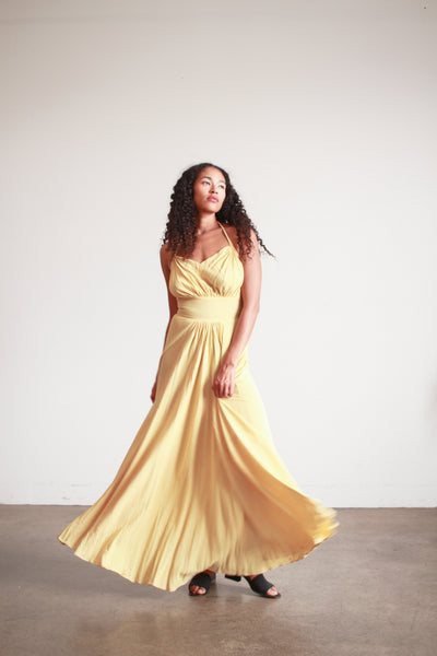 1940s Lemon Yellow Rayon Halter Dress