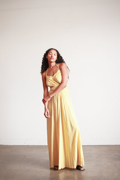 1940s Lemon Yellow Rayon Halter Dress