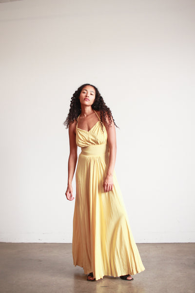 1940s Lemon Yellow Rayon Halter Dress