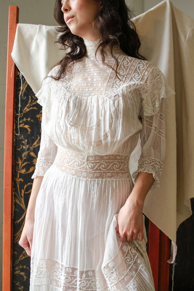 Edwardian Lace Insert White Lawn Dress