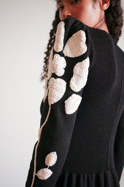 1980s Pat Sandler Black Crochet Knit Dress