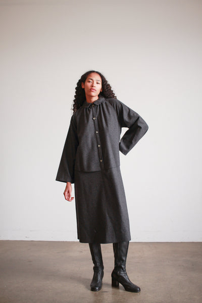 1980s Geoffrey Beene Charcoal Wool Layered Button up Dress