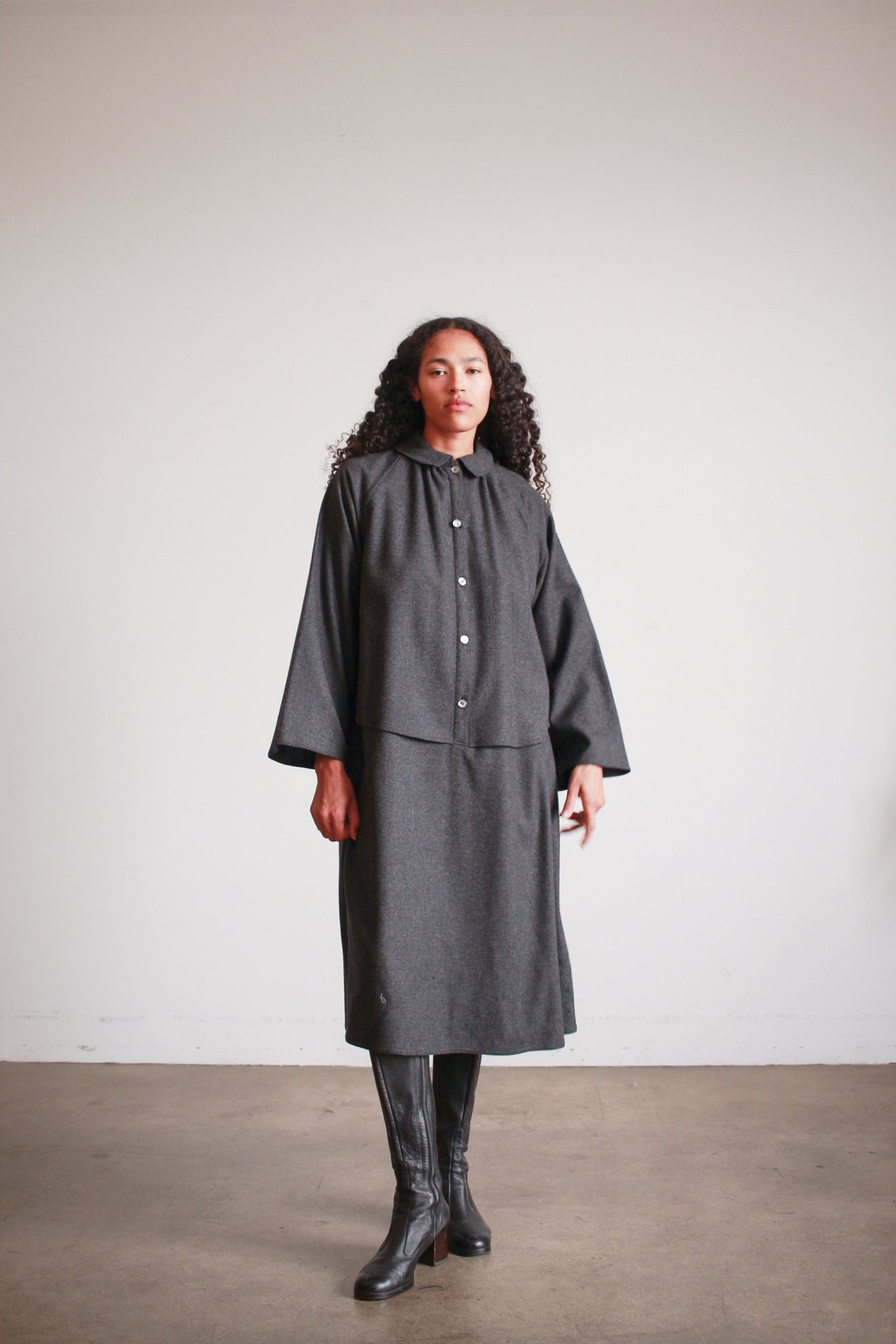 1980s Geoffrey Beene Charcoal Wool Layered Button up Dress