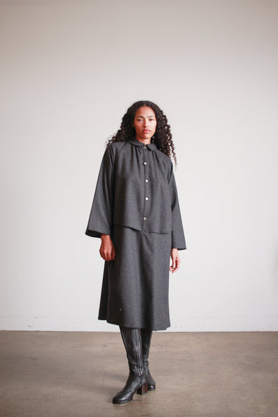 1980s Geoffrey Beene Charcoal Wool Layered Button up Dress