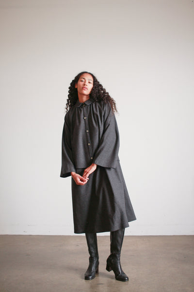 1980s Geoffrey Beene Charcoal Wool Layered Button up Dress