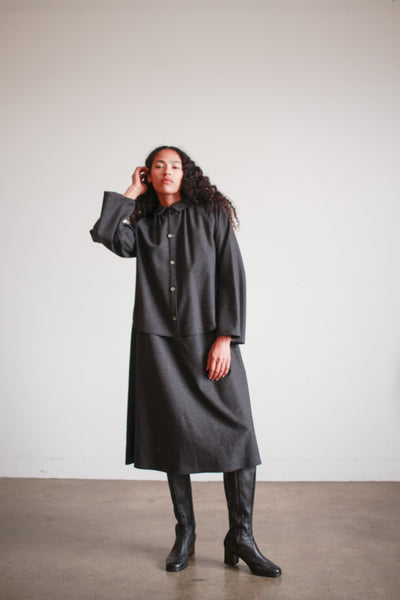 1980s Geoffrey Beene Charcoal Wool Layered Button up Dress