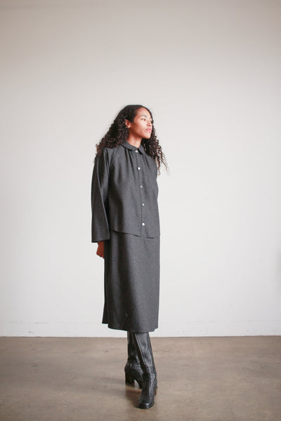 1980s Geoffrey Beene Charcoal Wool Layered Button up Dress