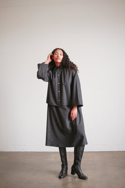 1980s Geoffrey Beene Charcoal Wool Layered Button up Dress