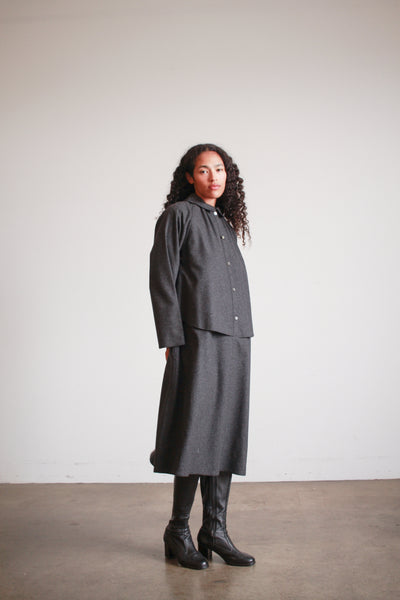 1980s Geoffrey Beene Charcoal Wool Layered Button up Dress