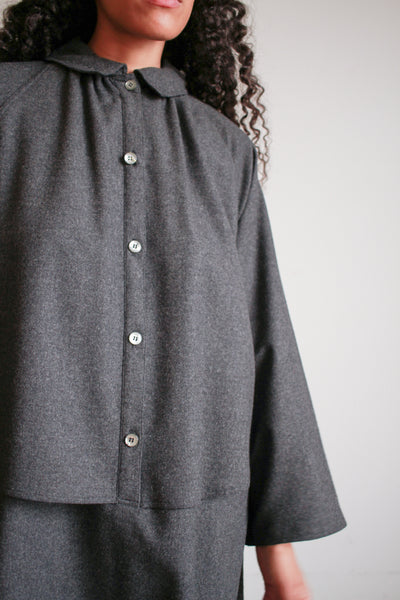 1980s Geoffrey Beene Charcoal Wool Layered Button up Dress