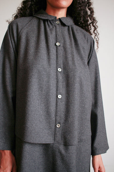 1980s Geoffrey Beene Charcoal Wool Layered Button up Dress