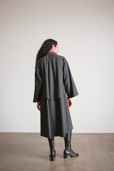 1980s Geoffrey Beene Charcoal Wool Layered Button up Dress