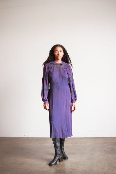 1930s Violet Crepe Rayon Balloon Sleeve Dress
