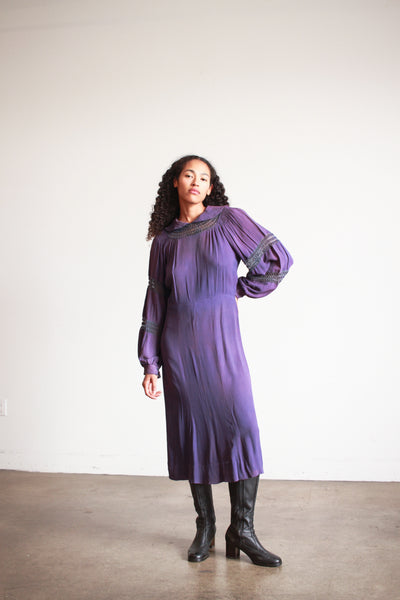 1930s Violet Crepe Rayon Balloon Sleeve Dress