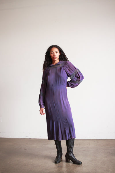 1930s Violet Crepe Rayon Balloon Sleeve Dress