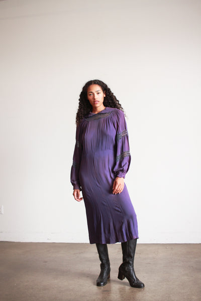 1930s Violet Crepe Rayon Balloon Sleeve Dress