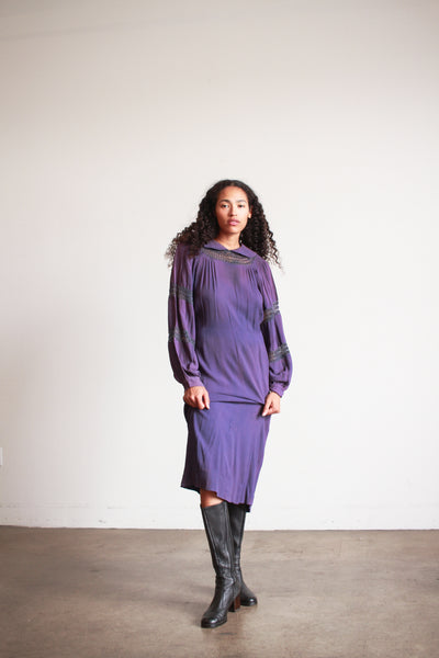 1930s Violet Crepe Rayon Balloon Sleeve Dress