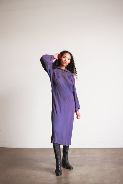 1930s Violet Crepe Rayon Balloon Sleeve Dress