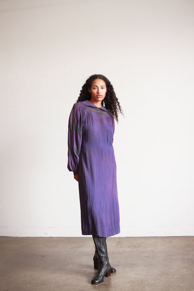 1930s Violet Crepe Rayon Balloon Sleeve Dress