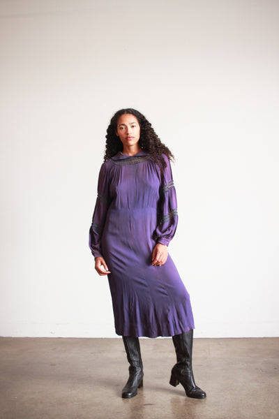1930s Violet Crepe Rayon Balloon Sleeve Dress