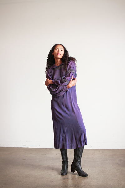 1930s Violet Crepe Rayon Balloon Sleeve Dress