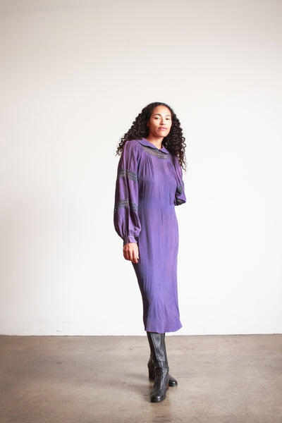 1930s Violet Crepe Rayon Balloon Sleeve Dress
