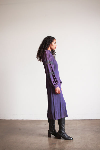 1930s Violet Crepe Rayon Balloon Sleeve Dress