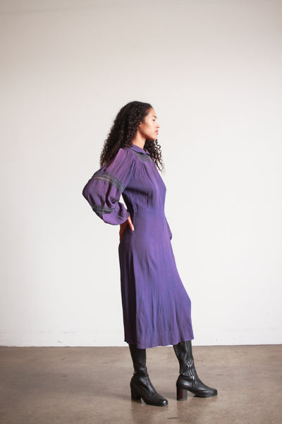 1930s Violet Crepe Rayon Balloon Sleeve Dress