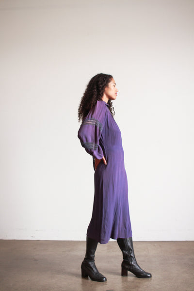 1930s Violet Crepe Rayon Balloon Sleeve Dress