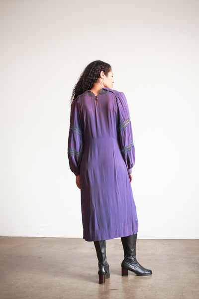 1930s Violet Crepe Rayon Balloon Sleeve Dress