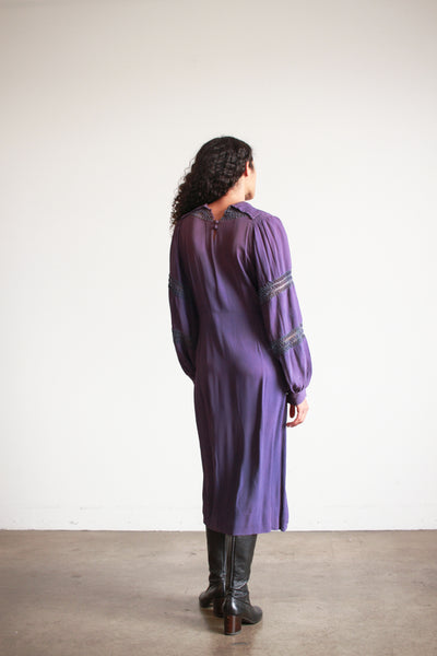 1930s Violet Crepe Rayon Balloon Sleeve Dress