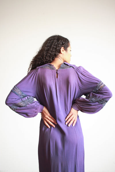 1930s Violet Crepe Rayon Balloon Sleeve Dress