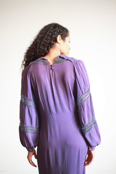 1930s Violet Crepe Rayon Balloon Sleeve Dress