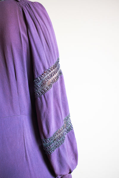1930s Violet Crepe Rayon Balloon Sleeve Dress