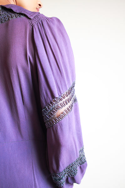 1930s Violet Crepe Rayon Balloon Sleeve Dress