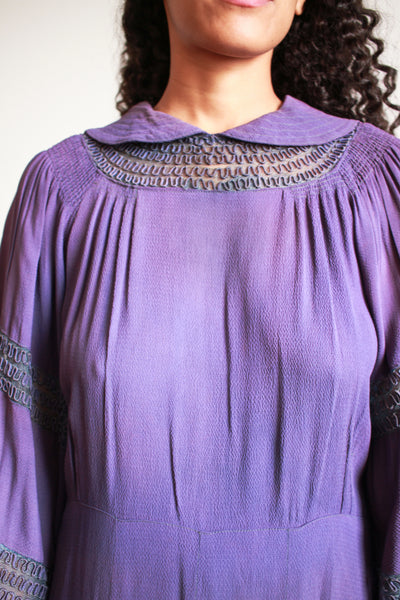 1930s Violet Crepe Rayon Balloon Sleeve Dress