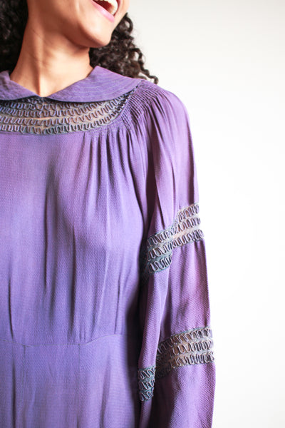 1930s Violet Crepe Rayon Balloon Sleeve Dress