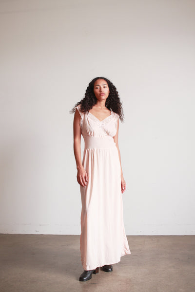 1940s Barbizon Baby Pink Silk Bow Trim Nightgown