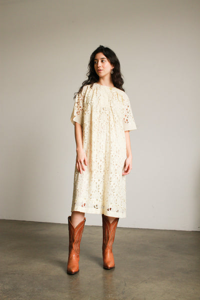 1980s Japanese Lacework Cream Shift Dress