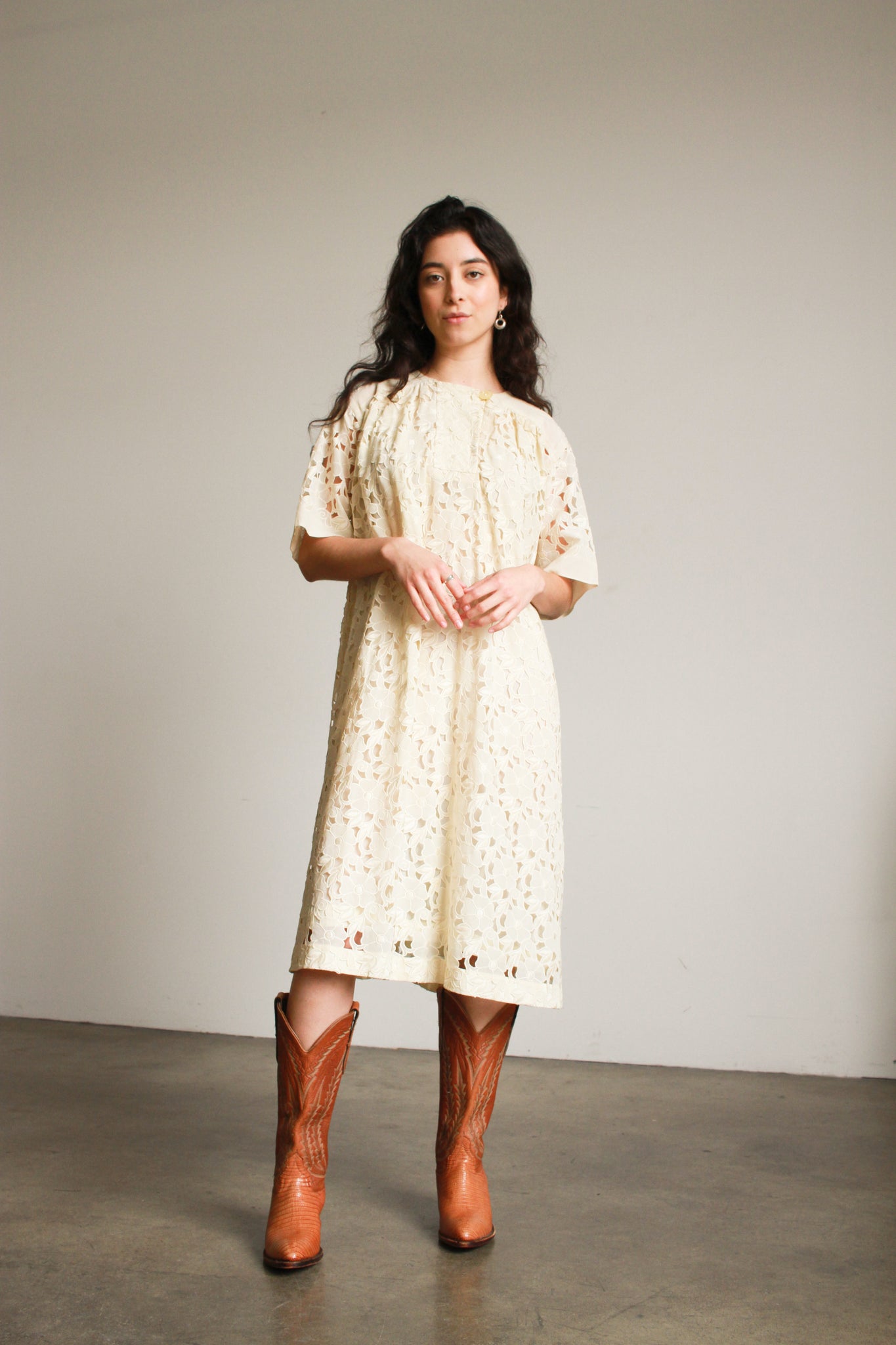 1980s Japanese Lacework Cream Shift Dress