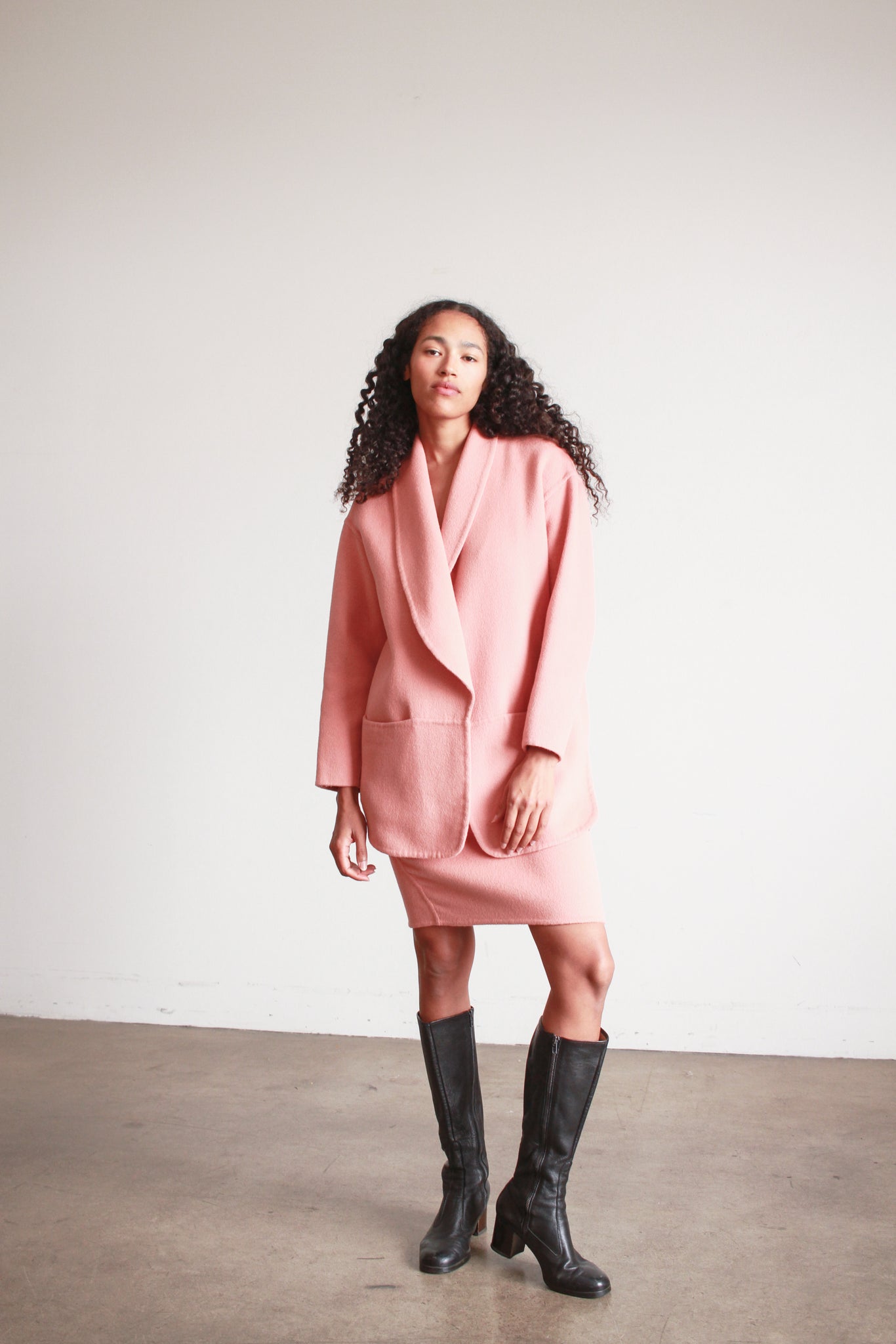 1980s Donna Karan Coral Angora Skirt Set