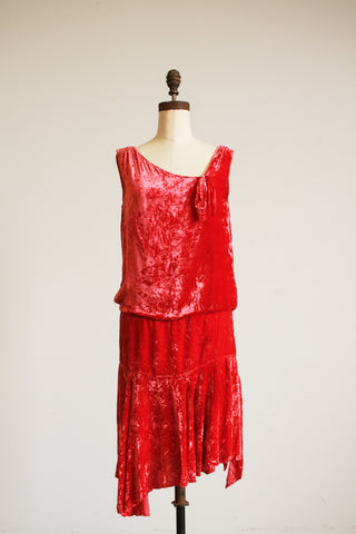 1920s Cherry Red Silk Velvet Dropwaist Dress