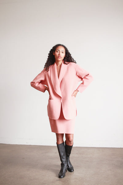 1980s Donna Karan Coral Angora Skirt Set