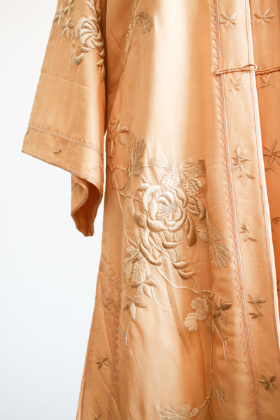 1920s Apricot Floral Motif Embroidered Silk Robe