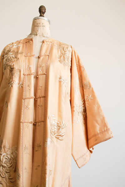 1920s Apricot Floral Motif Embroidered Silk Robe