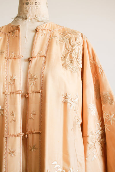 1920s Apricot Floral Motif Embroidered Silk Robe