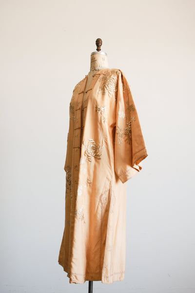 1920s Apricot Floral Motif Embroidered Silk Robe