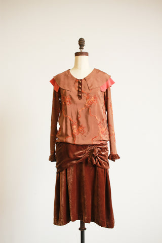 1920s Caramel Silk Embroidered Drop Waist Dress