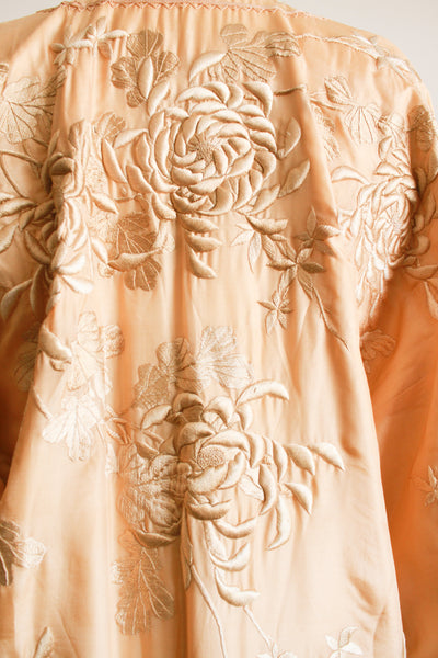 1920s Apricot Floral Motif Embroidered Silk Robe