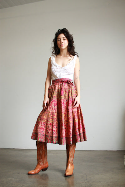 1970s Indian Block Print Raspberry Skirt